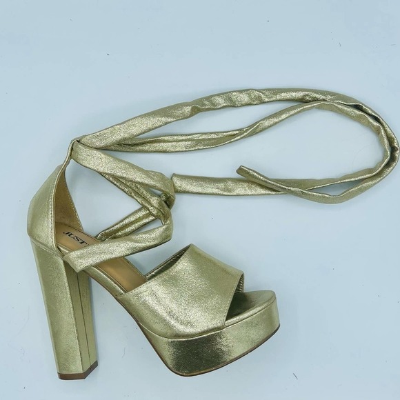 Gold Faux Leather Ankle Tie Sandal Heels Size 7 - Picture 7 of 16